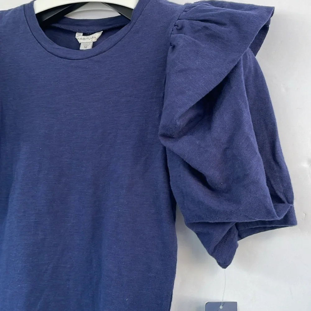 Habitual Kids Navy Blue Envelope Puff Sleeve Festive Holiday Cotton Top Size 12